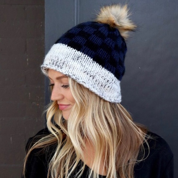 Accessories - Navy Buffalo Checkered Knit Cable Pompom Beanie